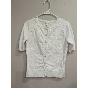 Pretty white short sleeve cardigan w/eyelet detail by New York and Company, M